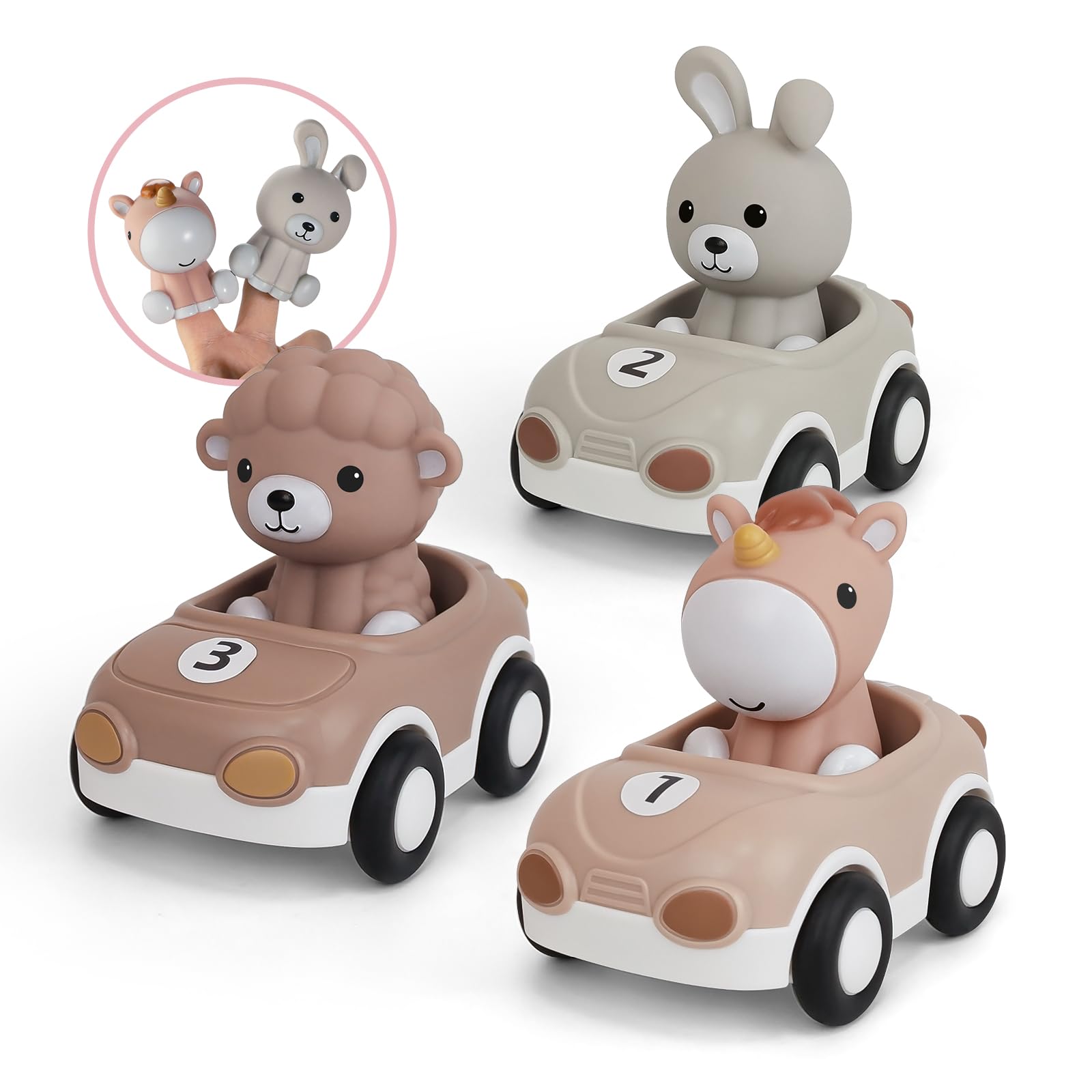 Nueplay 3pack Animal Racing Cars & Finger Puppets for Toddler Girls 1-3 | Infant Friction-Powered Vehicles Gift Set