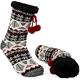 LEMZONE Women's Winter Slipper Socks with Grippers, Warm Cozy Fuzzy Fleece-lined Cabin Socks Christmas Gifts
