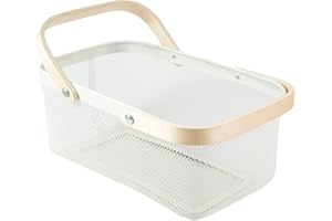MACOIOR Portable Garden Harvest Basket-Mesh Design Natural Bamboo Handle Wire Storage Baskets,Mesh Basket with Handle Organize Items Reduce Space Occupation,Suitable for Kitchen,Garden,Picnic(White)