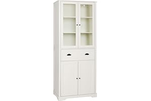 MUPATER Kitchen Pantry Storage Cabinet Microwave Hutch, 72'' Freestanding Hutch Cabinet Buffet Cupboard Tall with Drawer and Doors for Home Kitchen Living Room, Off-White