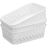 MaxGear 3 Pack Plastic Storage Baskets, Small, White | Durable Woven Plastic with Built-In Handles, Suitable for Shelves, Closets, Cabinets, Bathrooms and Offices