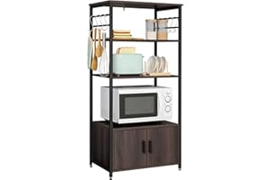 Iwell Bakers Rack, Microwave Stand 3 Tiers, Coffee Bar Cabinet, Coffee Station with 8 S-Shaped Hooks, Kitchen Storage Shelf Rack for Spices, Pots and Pans, Dark Brown