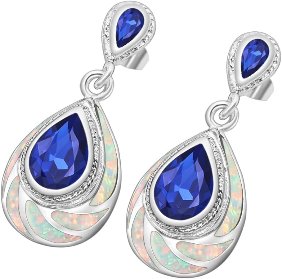 925 Silver Blue or White Fire Australian Opal Topaz Dangle Drop Earrings