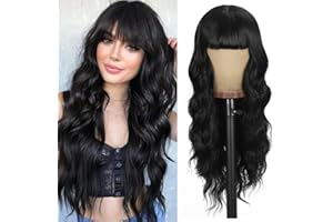 UNNYMGER Black Wig with Bangs Curly wavy Wig for Women Long Natural Black wavy wigs skin-friendly synthetic fibersc for festival holiday Use 26IN