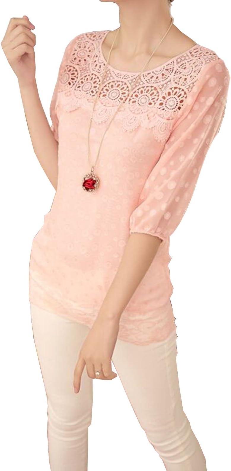 LQXin Chiffon Blouses for Women Fashion 2016 Half Sleeve Shirts Lace Top Clothes (Pink, Size M)