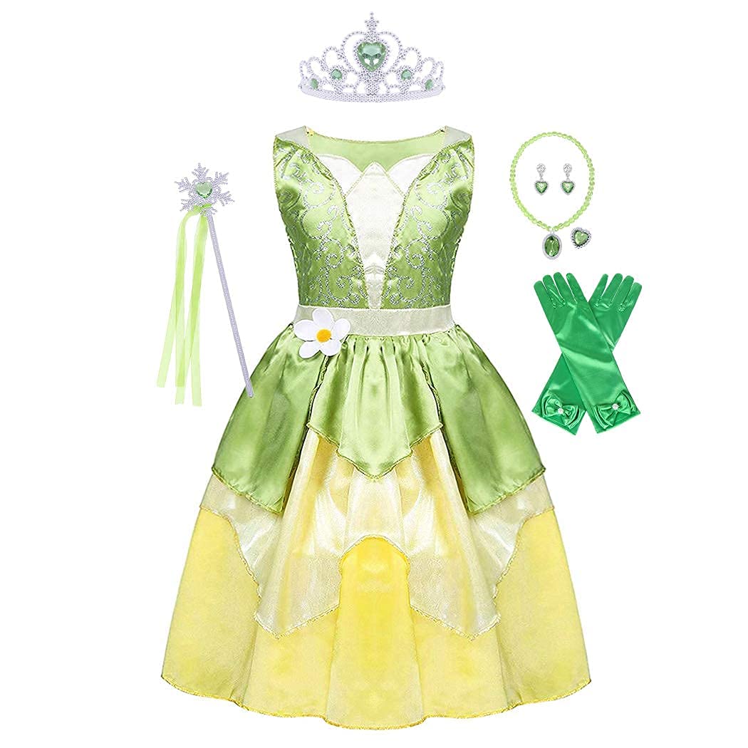 Princess Tiana Costume for Girls Green Frog Dress Kids Dress Up Fancy Halloween Birthday Party Fairy Outfits 3-8T
