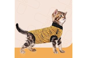 Suitical Cat Recovery Suit for Spay, Neuter, Suture, Incision, & Skin Conditions - Breathable Fabric with Back Opening - 11.4-14.6 Inches Neck to Tail, 13-16 Inches Chest - 3XS, Tiger Print