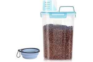 LEAWALK 3-5Lbs/3Qt Dog Cat Food Storage Container With foldable bowl. Plastic Pet Food Dispenser for Small Animal Kibble/Pet Food/Bird Seed/Oatmeal/Rice/Flour/Brown Sugart/Cereals (Clear Bule)