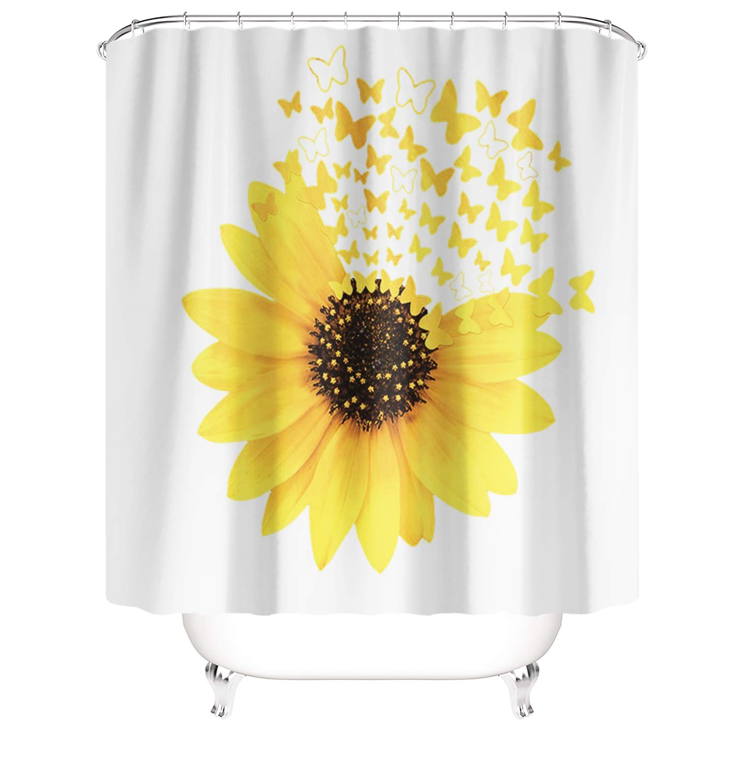 M&W DasDesign Shower Curtain Yellow Sunflower Plants Butterflies Bathroom Textile Curtain Leaves Anti-Mould Effect Washable Shower Curtain Bath Includes 12 C-Rings Weight Bottom 180 x 200 cm