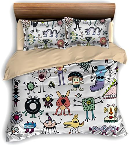 FAITOVE Cute Cartoon Monsters 3 Piece Bedding Set 200cm x 230cm Duvet Cover Set with 2 Pillow Case 100% Microfiber, Full Size