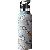 Xinvast Corgi Dog Water Bottle Adult Kids With Straw Lid Insulated Stainless Steel Travel Mugs for Sport Gym Outdoor 20oz