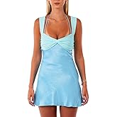 GCZREN Women Sexy Satin Patchwork Lace-Up Back Mini Dress Elegant Sleeveless Backless Ruffle Hem Short Dress Clubwear