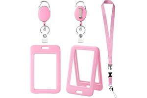 LUCKYCZC ID Badge Holders and Retractable Reel Clips,Lanyard with Release Buckle, Key Card Holder Nametag Protector for Nurse Women Girl Kid Office Teacher Doctor Student (Pink Vertical,Double-Sided Clear)