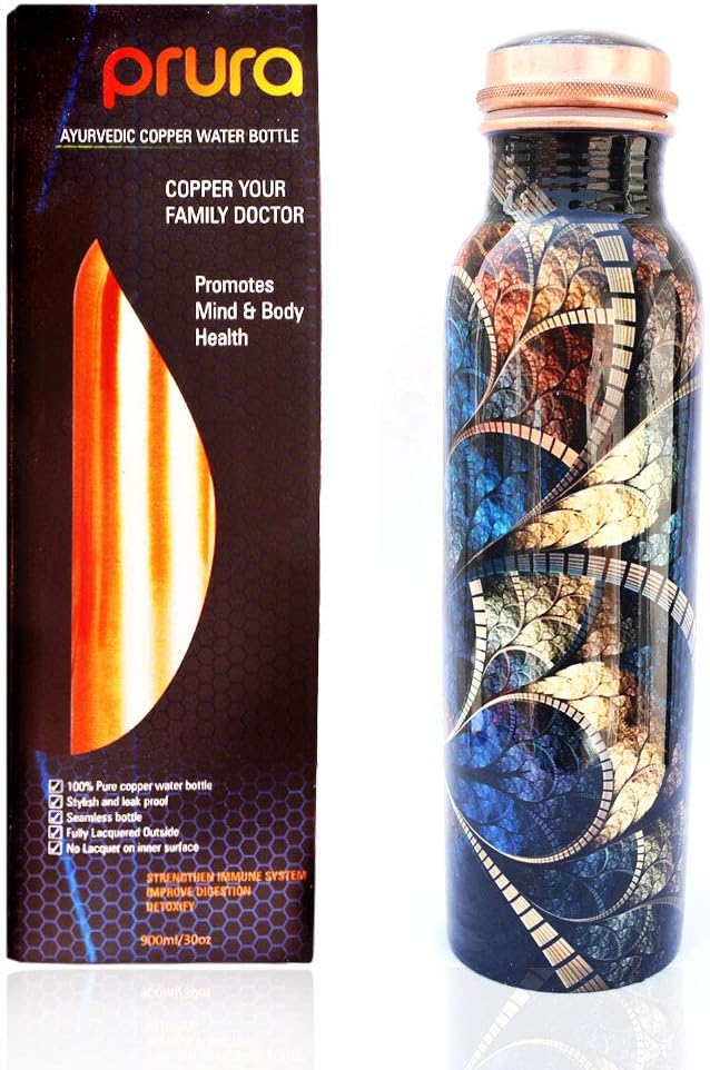 PRURA Indian Pure Copper Stylish Bottle Water Bottle Yoga Health Mind And Body Health Copper Bottle 100% pure & Leak Proof (900ml/30oz