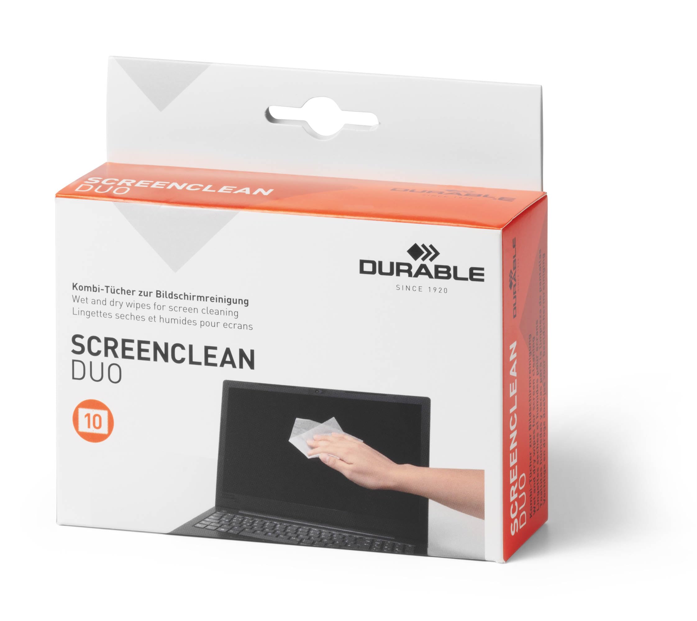 Durable SCREENCLEAN DUO Biodegradable Wet & Dry Screen Cleaning Wipes - Sachets for Phones, Laptops, TVs, iPads and Computers - 10 Pairs