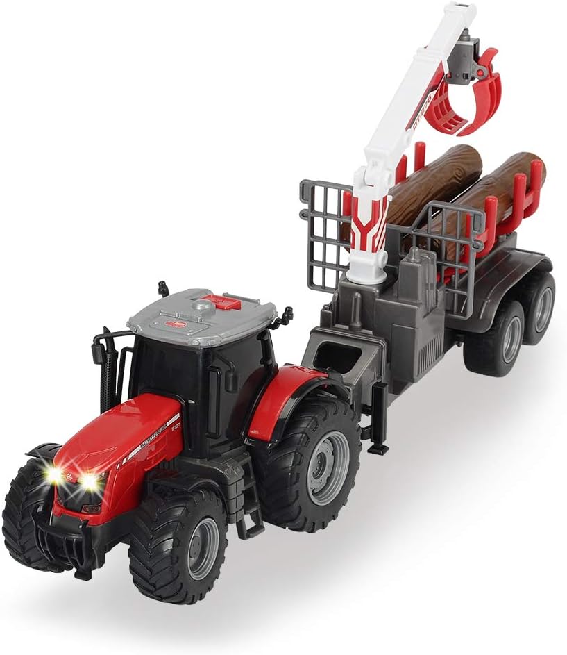 Dickie Toys 203737003 Toys Massey Ferguson Toy Tractor with Trailer and 3 Wooden Logs, Wooden Grabber, Tractor with Trailer - Image 4