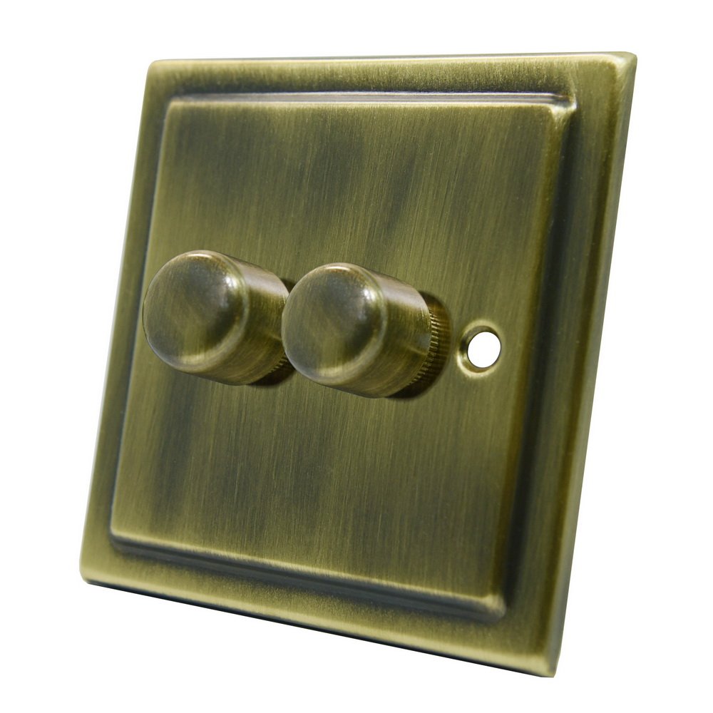 AET VAB2GDIMLED Victorian Antique Brass 250W-10 Amp Double 2-Gang 2 Way 250W LED Light Dimmer Switch, 240 V