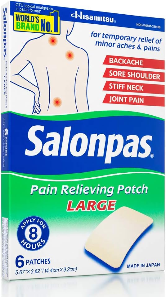 Salonpas, Pain Relieving Patch, LARGE, 6 Count (Pack of 1), Pain Relieving Patch for Back Pain, Neck Pain, Shoulder Pain, Knee Pain, Muscle Soreness and Pain, Joint Pain, Up to 8 Hours of Pain Relief: Health & Personal Care
