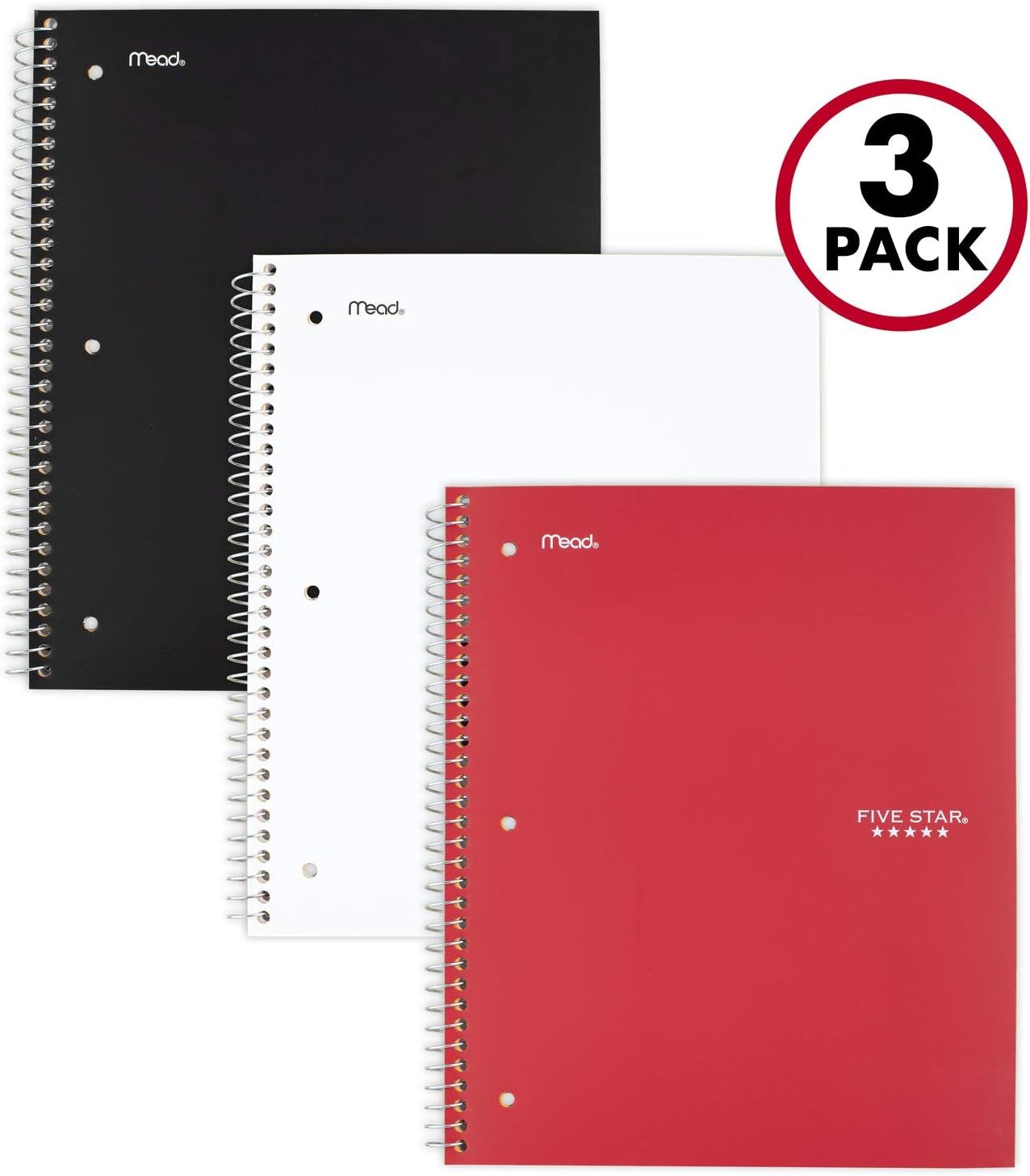 Five Star Spiral Notebook, 3 Subject, College Ruled, 150 Sheets, Black