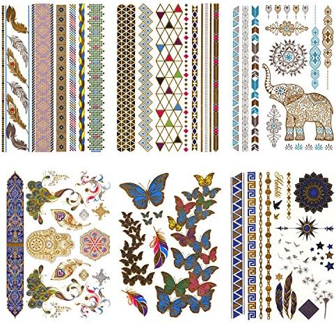 Premium Metallic Hot Selling Temporary Fake Shimmer Jewelry Tattoos Stickers-100+ Designs in Gold,Silver,Black and Turquoise- Bracelets,Feathers,Elephants,Butterfly 6 sheets set