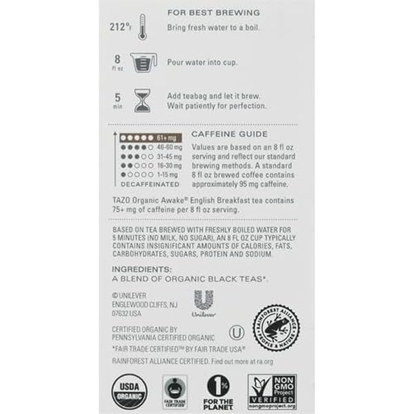 TAZO ORGANIC AWAKE ENGLISH BREAKFAST BLACK TEA, BLACK TEA WITH CAFFEINE, 16 TOTAL BAGS