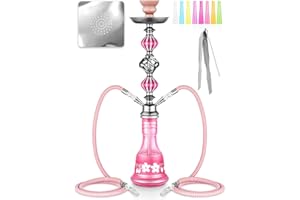HOOWA 21'' Hookah Set 2 Hose Hookah Set With Everything Include Glass Base, Hookah Hose, Ceramic Bowl, Coal Tong, Hookah Foil, Disposable Hookah Tips (Pink)