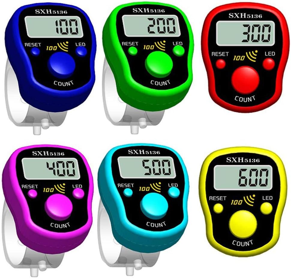 Longshow 1 PCS Digital Finger Counter Clickers LCD Electric Digital Display with LED Light Resettable Lap Counter Handheld Mechanical Number Click Counter, 6 Colors
