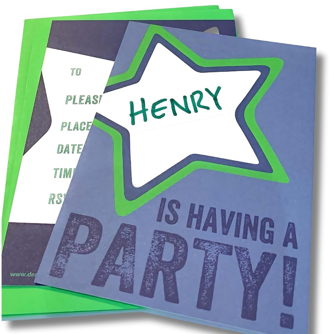 WRAPT 10 BLUE KIDS BIRTHDAY INVITATIONS, Boys Party Invitations, Fill in the Name in the Star Birthday Party Invites Cards with Yellow Envelopes, 10 pack set