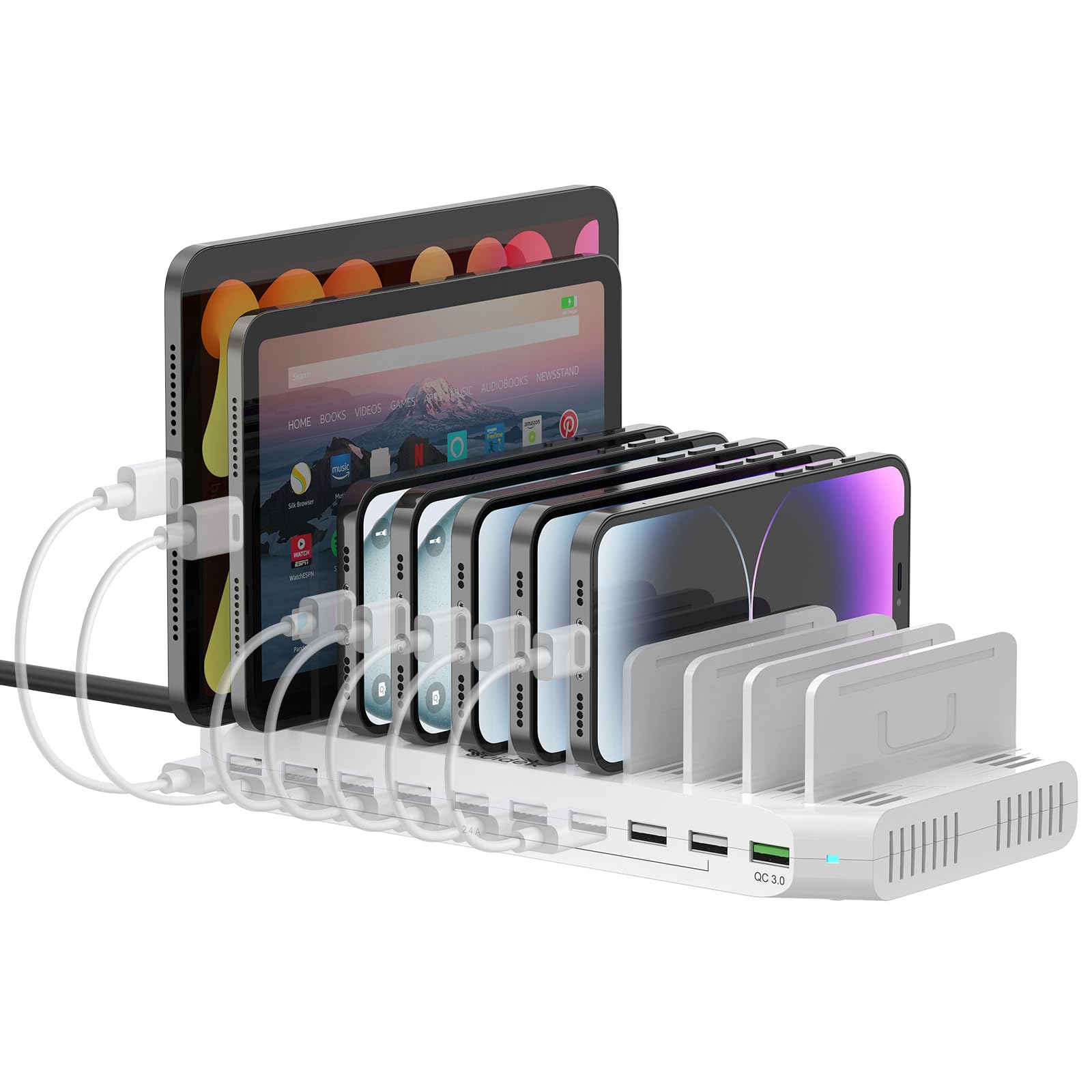 SUIDEK 60W Multiple Device Charging Station for Multiple Devices, 10 Ports USB Charging Station with QC 3.0 Port, USB Charging Dock with Adjustable Dividers Compatible with Tablets, Smartphones