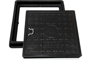 Natotela FRP Manhole Cover and Frame With Handle 18x18in, Clear Opening Size 14x14in, Square Septic Tank Lid and Base,Reinforced Steel Embedded Sewer Cover, Non-slip Sewage Basin Cover Decorated Black