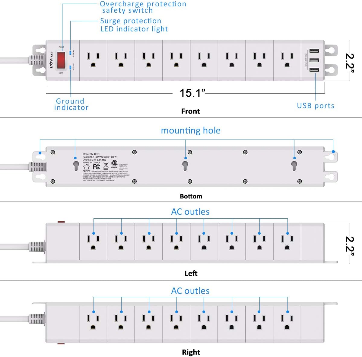 Power Strip (3-Sided) with 24 Outlets, POWSAF Surge Protector (4100 Joules) and 3 USB Ports(5V/3.4A, 17W), 8 Feet Heavy Duty Extension Cord (1875W/15A), ETL Listed, White: Home Audio & Theater