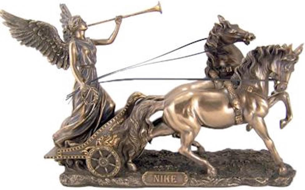 Greek Goddess Nike Trumpet On Two Horse Chariot 11" Cold