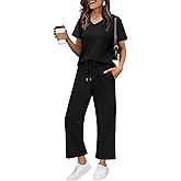 WIHOLL 2 Piece Sets for Women Summer Lounge Set Wide Leg Pants Matching Set Vacation Travel Outfits Beach Clothing
