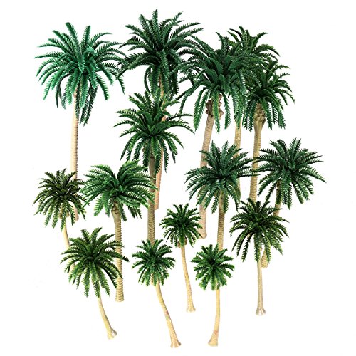 NUOLUX Model Tree Coconut Palm Trees Scenery Model Miniature Railroad Diorama Layout Architecture Trees for DIY Scenery Landscape, Natural Green 5 Size 15Pcs