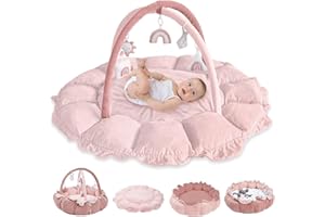 5-in-1 Thick & Plush Play Gym, Convertible Baby Play Mat with 6 Detachable Toys for Motor Skill Development, Tummy Time Mat &