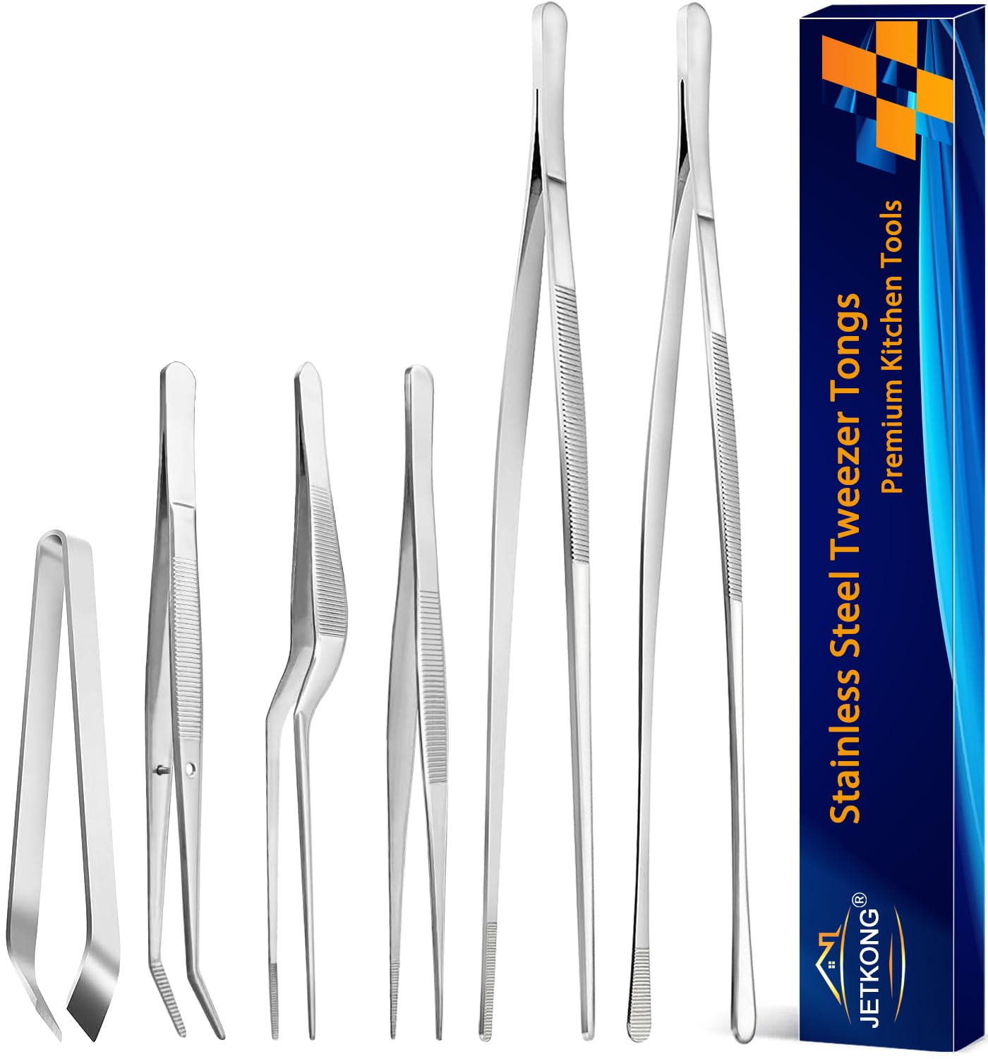 Photo 1 of JETKONG 6 Pcs Cooking Tweezer Tongs, 12'' and 6.3" Stainless Steel Kitchen Tweezer Set, Professional Chef Tweezers for Cooking, Repairing, Sea Food, BBQ, Multi-use