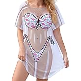 Seizesoul Women's Mesh Sheer Bikini Body Printed Shirt Bathing Suit Cover Up Beach Short Sleeves T-shirt Dress