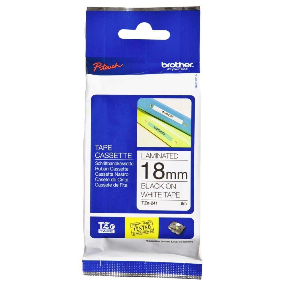 Brother TZe-241 Labelling Tape Cassette, 18 mm (W) x 8 m (L), Laminated, Brother Genuine Supplies - Black on White