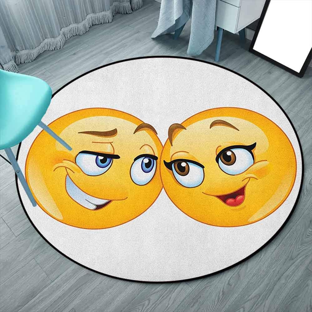 Round Area Rug, 4 Feet Stain Resistant Indoor Outdoor Round Rug, Multicolor, Emoji, Loving Emoticons Couple Looking at Each Other Romantic Smiling Flirting Expressions (Round 120cmx120cm)