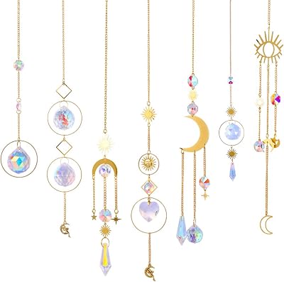 Yoosso 7 Pcs Suncatchers Set Moon Star Rainbow Crystal Hanging Ornaments