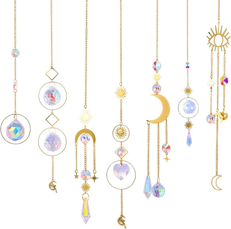 Yoosso 7 Pcs Suncatchers Set Moon Star Rainbow Crystal Hanging Ornaments