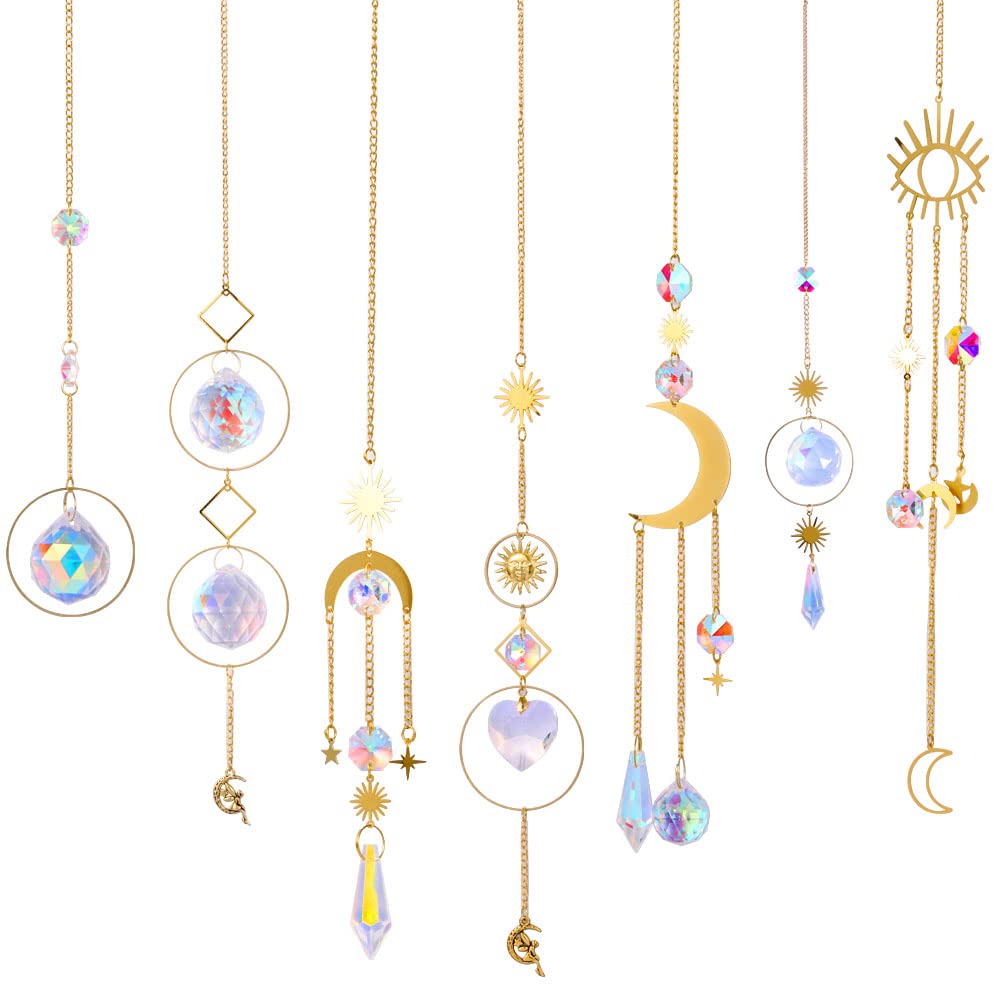 7 Pcs Sun Catchers For Windows, Hanging Moon And Star Rainbow Crystal Suncatchers For Garden Ornaments Outdoor Rainbow Maker