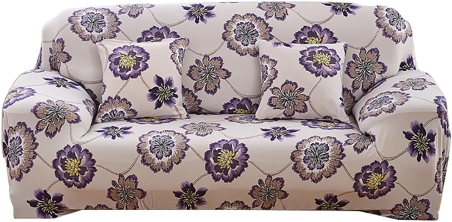 Elvoes Floral Printed Sofa Cover Anti-Slip Elastic Slipcover Stretch Polyester Fabric Soft Furniture Protector Couch Cover (Three seater(75''-91''), Puple Flower)