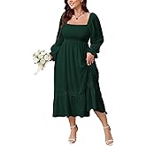 SCOMCHIC Womens Plus Size Fall Dresses Long Sleeve Square Neck Wedding Guest Smocked Flowy Boho Country Western Maxi Dress