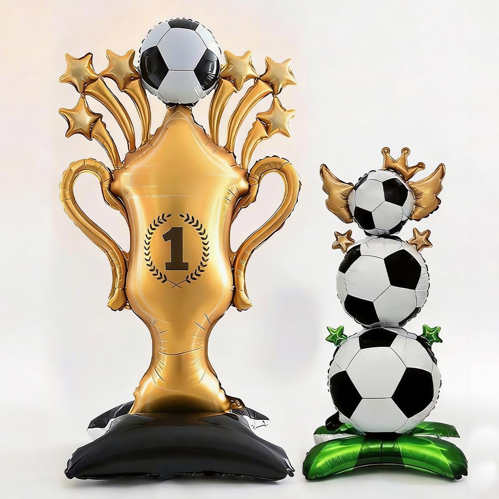 Football Balloons Set - 2 Pack Soccer Trophy & Football Foil Balloons for Party Decorations, Gold Black White Champion Theme Birthday Supplies