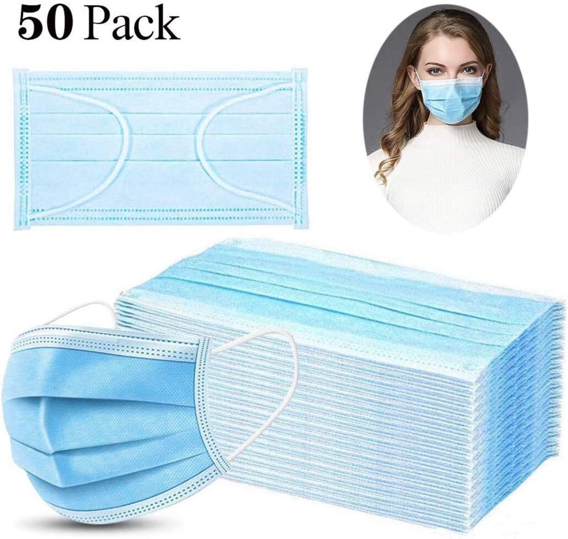 50 PCS Disposable Masks - Individual Package, Amatted 3-Ply Face Masks Filters Sanitary Masks Anti Dust Face Mouth Masks with Earloops, Cotton Face Masks for Cycling Camping Travel Blue