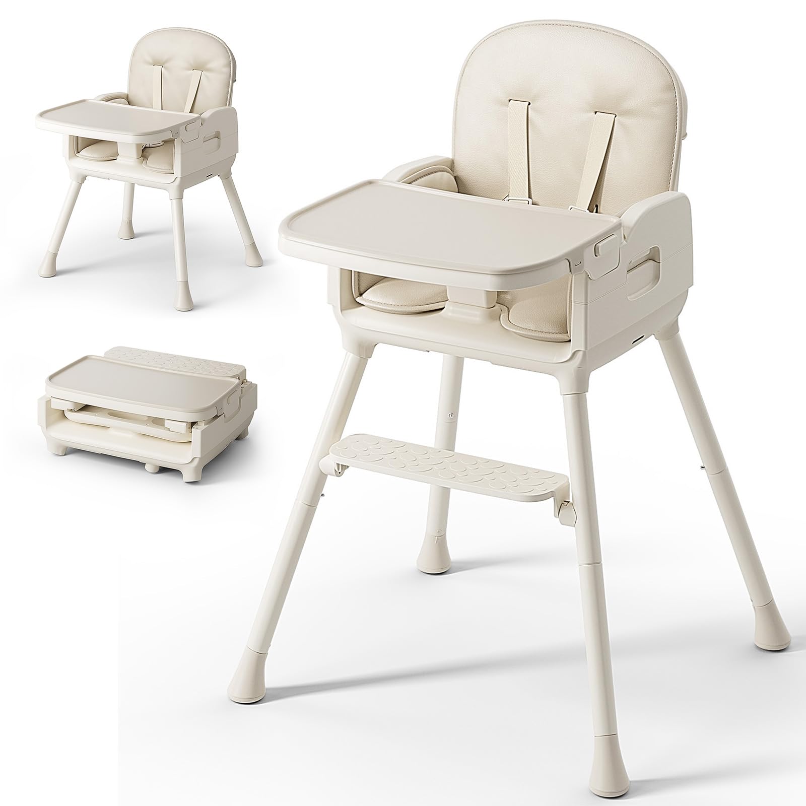 Photo 1 of Obee Odee 3-in-1 Portable Baby High Chair for Babies and Toddlers, Convertible Easy Clean Infant Foldable Highchair with Adjustable Legs & Dishwasher Safe Tray, Beige