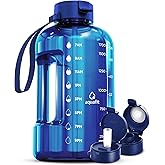 AQUAFIT 64 oz Water Bottle with Time Marker - Straw & Chug Lid - BPA Free Half Gallon Gym Water Bottle with Handle - Big Gallon Jug (Blue, 64 Ounces)