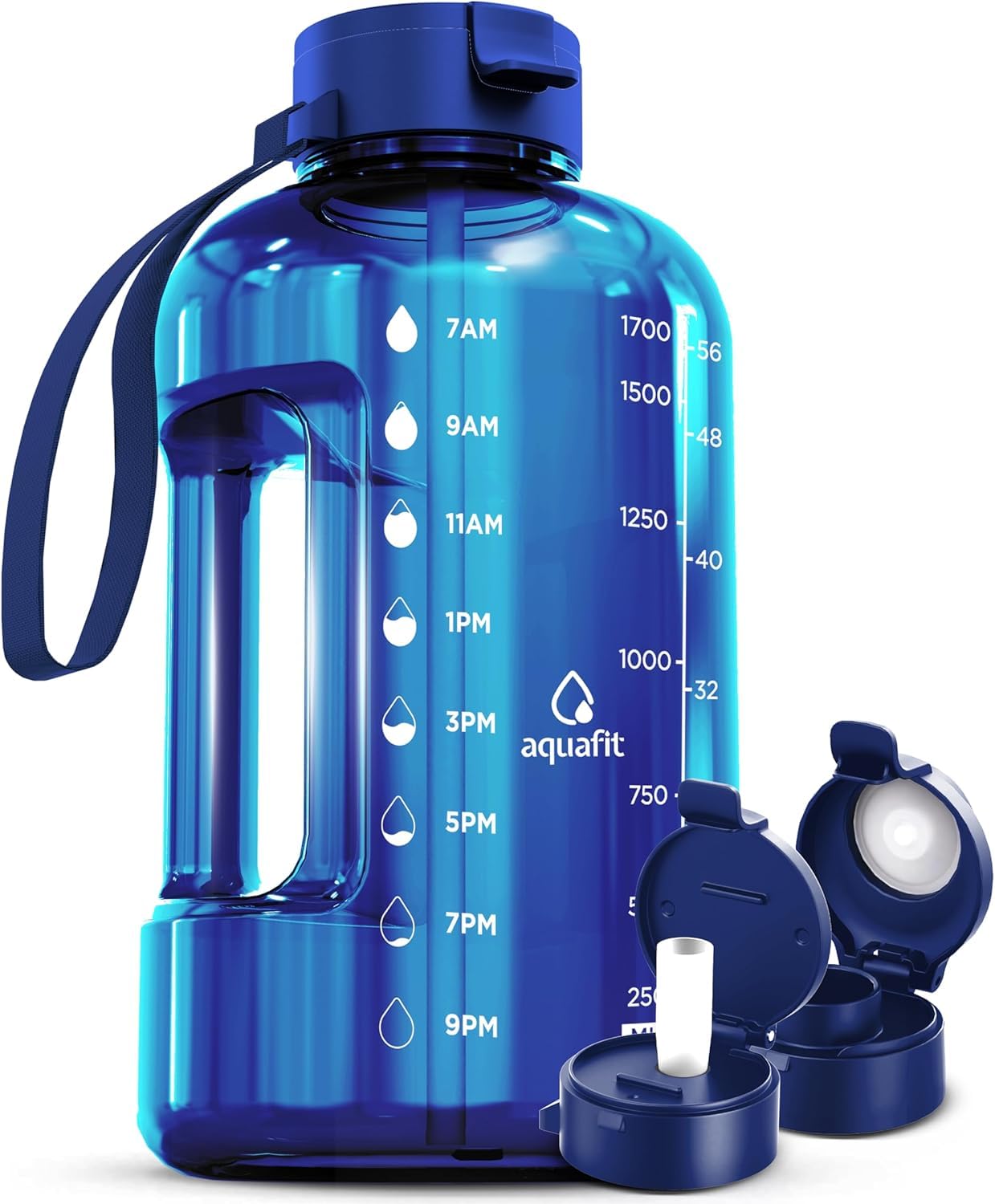 Photo 1 of AQUAFIT 64 oz Water Bottle with Time Marker - Straw & Chug Lid - BPA Free Half Gallon Gym Water Bottle with Handle - Big Gallon Jug (Blue, 64 Ounces)