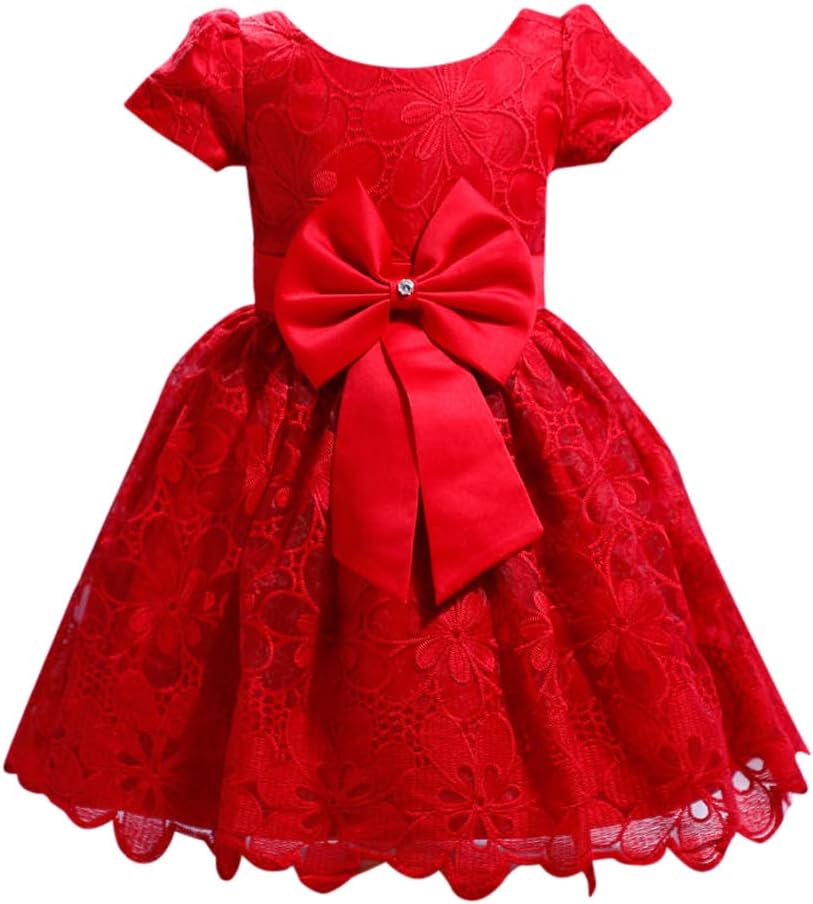 Hopscotch Girls Polyester Charming Bow Applique Party Dress in Red Color For Ages 12-18 Months